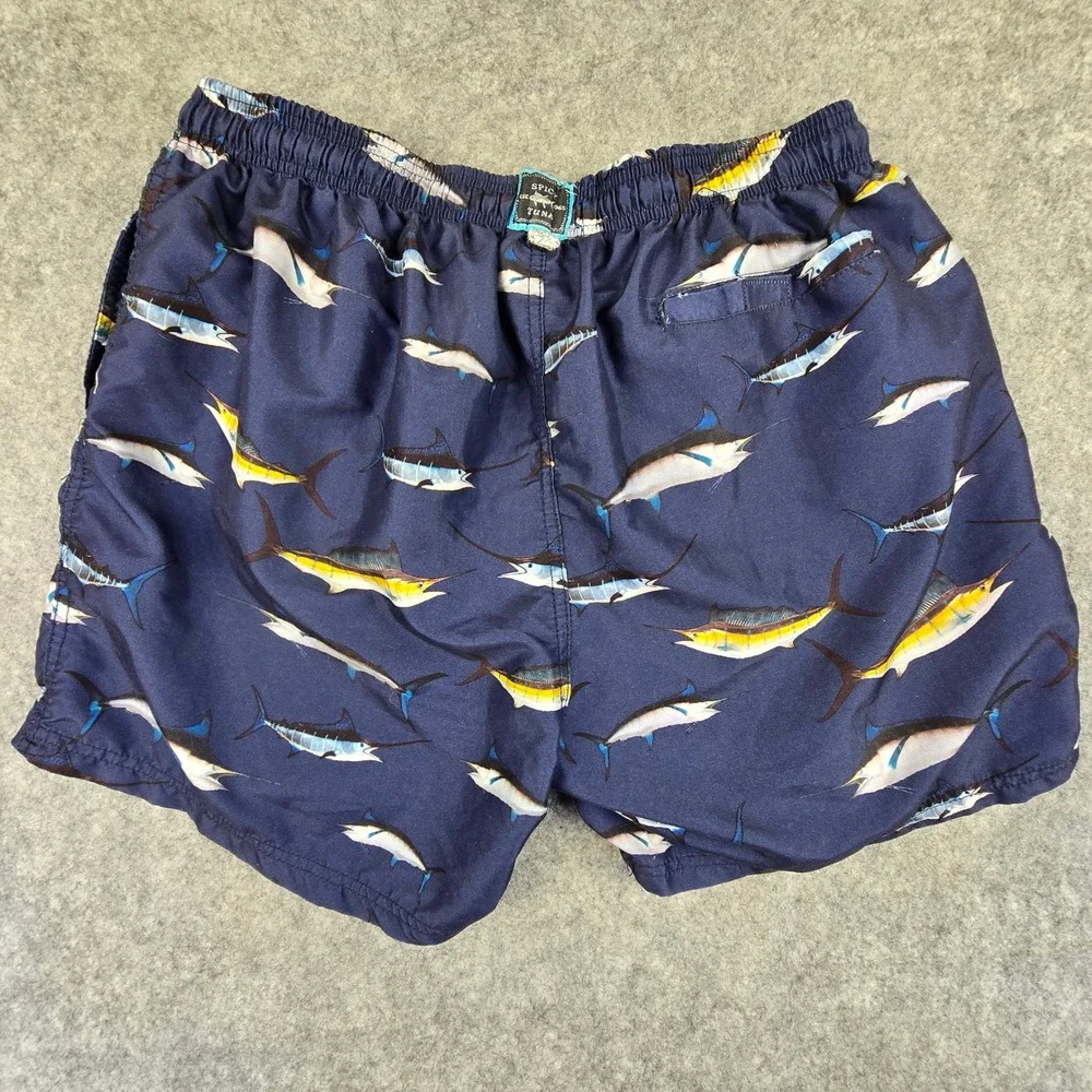 Spicy Tuna Swim‎ Trunks Men 2XL Navy Blue Marlin Print Elastic Waist Beachwear